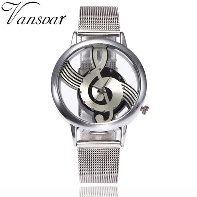 New Vansvar Brand Fashion Hollow Music Note Notation Watch Stainless Steel Quartz Wristwatch For Men Women Silver Mesh Watches