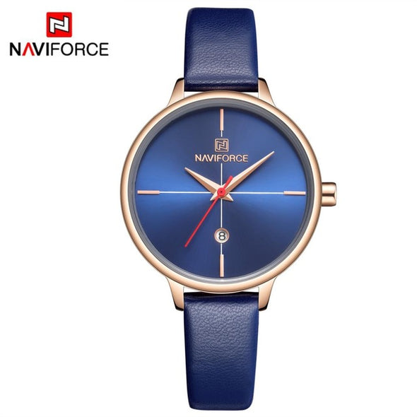 NAVIFORCE Women Watch Fashion Quartz Lady Blue PU Watchband Date Casual 3ATM Waterproof Wristwatch Gift for Girl Wife Woman 2019