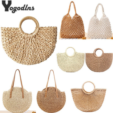 Vintage Straw Bag Round Rattan Bags Handmade Summer Bags Woven Beach Ladies Circle Shoulder Bag Bohemia Girls Travel Handbags