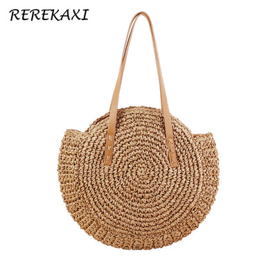 REREKAXI Hand-woven Round Woman's Shoulder Bag Handbag Bohemian Summer Straw Beach Bag Travel Shopping Female Tote Wicker Bags