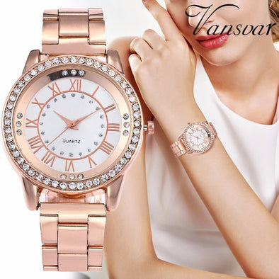 Vansvar Brand Rose Gold Watch Luxury Women Dress Rhinestone Quartz Watch Casual Women Stainless Steel Wristwatches Female Clock